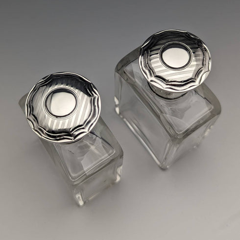 1915年 英国アンティーク 純銀蓋 ガラスボトルペア Walker and Hall